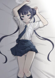 1girl bed_sheet bee_(deadflow) black_hair black_necktie black_skirt black_socks blue_archive closed_mouth collared_shirt double_bun grey_eyes hair_bun halo highres kisaki_(blue_archive) kisaki_(school_uniform)_(blue_archive) kneehighs long_hair lying necktie on_back panties shirt shirt_tucked_in short_sleeves skirt socks solo textless_version twintails underwear white_halo white_panties white_shirt