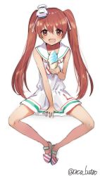 Rule 34 | 1girl, :d, bare arms, brown eyes, brown hair, dark-skinned female, dark skin, diagonal-striped clothes, diagonal-striped neckerchief, dress, fang, feet together, food, hair between eyes, hair ribbon, headgear, highres, holding, ice cream, ice cream cone, invisible chair, kantai collection, knees apart feet together, libeccio (kancolle), long hair, looking at viewer, no socks, open mouth, revision, ribbon, sailor dress, simple background, sitting, skin fang, sleeveless, sleeveless dress, smile, solo, spread legs, striped, striped clothes, twintails, twitter username, white background, white ribbon, yamashichi (mtseven)