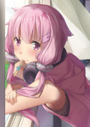 Rule 34 | 1girl, bare arms, bare shoulders, brown shirt, closed mouth, commentary request, fingernails, food, hair ornament, hairclip, highres, hood, hood down, hooded jacket, indoors, jacket, kanzen bouon, long hair, looking at viewer, looking to the side, mouth hold, open window, pink jacket, popsicle, popsicle stick, purple eyes, purple hair, shirt, sidelocks, sleeveless, sleeveless jacket, sleeveless shirt, solo, sweat, voiceroid, window, yuzuki yukari