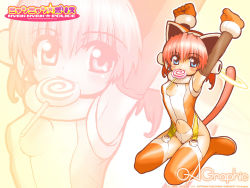 Rule 34 | 1girl, airi cosmos, animal ears, armpits, bare shoulders, blue eyes, blush, bodysuit, boots, candy, cat ears, cat tail, elbow gloves, fake animal ears, female focus, food, gagraphic, garter straps, gloves, itokatsu, lollipop, mouth hold, nyan nyan police, orange thighhighs, red hair, short hair, solo, swirl lollipop, tail, thigh boots, thighhighs, wallpaper, zoom layer
