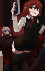 Rule 34 | ass, ass shake, black dress, blood, blush, book, bookshelf, boots, breasts, chair, demon tail, dress, epic armageddon, head wings, highres, holding, holding book, koakuma, long hair, miniskirt, nosebleed, pantyhose, patchouli knowledge, pointy ears, reading, red eyes, red hair, sharp teeth, short hair, skirt, small breasts, tail, teeth, thighhighs, thighs, touhou, wings
