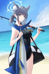 Rule 34 | 1girl, absurdres, animal ear fluff, animal ears, bag, beach, black one-piece swimsuit, blue archive, blue eyes, blue sky, breasts, cloud, competition swimsuit, covered navel, cowboy shot, cross hair ornament, day, extra ears, fish, fishing rod, grey hair, hair ornament, halo, highres, horizon, kuroja, low ponytail, marlin (fish), medium breasts, medium hair, mismatched pupils, multicolored clothes, multicolored swimsuit, ocean, official alternate costume, one-piece swimsuit, outdoors, shiroko (blue archive), shiroko (swimsuit) (blue archive), sky, solo, swimsuit, wolf ears