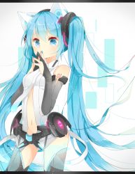 Rule 34 | 1girl, animal ears, blue eyes, blue hair, bridal gauntlets, cat ears, center opening, hatsune miku, hatsune miku (append), jimmy madomagi, letterboxed, long hair, matching hair/eyes, nail polish, navel, necktie, solo, thighhighs, twintails, very long hair, vocaloid, vocaloid append