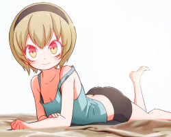 Rule 34 | 1girl, ass, bare shoulders, barefoot, bike shorts, black shorts, blonde hair, blush, breasts, butt crack, cleavage, closed mouth, collarbone, hair ornament, hairband, highres, jashin-chan dropkick, looking at viewer, lying, on stomach, orange eyes, pekora (jashin-chan dropkick), sat-c, shiny skin, shirt, short hair, shorts, simple background, small breasts, solo, white background, white shirt