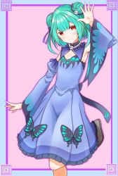 Rule 34 | 1girl, aqua hair, arm up, armpit peek, blue dress, blush, breasts, brown footwear, butterfly hair ornament, closed mouth, commentary, cowboy shot, detached sleeves, double bun, dress, eyelashes, hair bun, hair ornament, hair ribbon, highres, hololive, kokechan, looking at viewer, pink background, red eyes, ribbon, shoes, short hair, simple background, skull hair ornament, small breasts, smile, solo, standing, standing on one leg, uruha rushia, uruha rushia (1st costume), virtual youtuber, waving, wide sleeves
