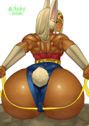 Rule 34 | 1girl, artist name, ass, back, boku no hero academia, circlet, cosplay, crossover, dark-skinned female, dark skin, dc comics, fang, from behind, gauntlets, highres, huge ass, lasso, lasso of truth, long hair, looking at viewer, looking back, mirko, muscular, muscular female, rabbit ears, rabbit girl, rabbit tail, red eyes, shosho oekaki, sitting, smile, solo, whip, white background, white hair, wonder woman (cosplay)