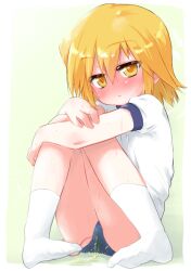 Rule 34 | 1girl, ajoea, blonde hair, blue buruma, blush, buruma, commentary request, commission, full body, gym uniform, hair between eyes, knees up, looking at viewer, minis, no shoes, nose blush, paid reward available, parted lips, pee, peeing, peeing self, puffy short sleeves, puffy sleeves, sex toy, shirt, short hair, short sleeves, sitting, skeb commission, socks, solo, summon night, summon night 2, sweat, vibrator, vibrator cord, vibrator under clothes, white shirt, white socks, yellow eyes