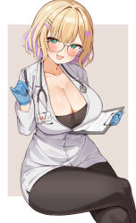 Rule 34 | 1girl, absurdres, blonde hair, blue gloves, blush, breasts, choco tanuki, cleavage, clipboard, collarbone, colored inner hair, crossed legs, doctor, fang, glasses, gloves, green eyes, hair ornament, hairclip, heart, heart hair ornament, highres, holding, holding clipboard, holding pen, iris black games, kurumi noah, large breasts, long sleeves, looking at viewer, multicolored hair, open mouth, pantyhose, pen, shirt, short hair, sitting, skin fang, smile, solo, stethoscope, virtual youtuber, vspo!, x hair ornament