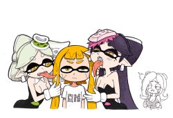 Rule 34 | + +, 4girls, ^^^, bad id, bad twitter id, black hair, blush, breasts, brown eyes, callie (splatoon), crop top, detached collar, earrings, fang, fangs, female focus, food, food on head, gloves, half-closed eyes, inkling, inkling girl, inkling player character, jewelry, licking, long hair, long tongue, marie (splatoon), mole, mole under eye, multiple girls, nintendo, object on head, octoling, open mouth, orange eyes, orange hair, partially colored, pointy ears, saliva, shirt, short hair, short sleeves, silver hair, simple background, splatoon (series), splatoon 1, strapless, t-shirt, takozonesu, tearing up, tongue, tongue out, white background, white gloves, yuri, yuta agc