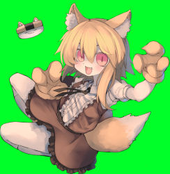 Rule 34 | 1girl, :3, animal ear fluff, animal ears, black neckwear, blonde hair, blush, bolo tie, brown skirt, brown vest, center frills, claw pose, collared shirt, commentary, cookie (touhou), fang, fox ears, fox girl, fox tail, frilled shirt, frills, full body, gush (nicoseiga86404163), hair between eyes, highres, kitsune, looking at viewer, medium hair, miramikaru riran, neck ribbon, open mouth, red eyes, shirt, sidelocks, simple background, skirt, slit pupils, socks, solo, tail, undone neck ribbon, vest, white shirt, white socks