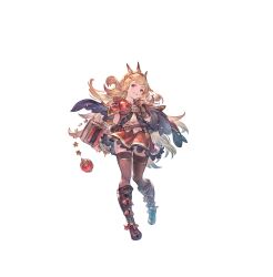 Rule 34 | 1girl, absurdres, blonde hair, book, boots, bracer, cagliostro (granblue fantasy), cape, floating hair, full body, granblue fantasy, granblue fantasy: relink, headdress, highres, holding, holding book, long hair, looking at viewer, minaba hideo, official art, open book, short sleeves, skirt, smile, solo, thighhighs, transparent background, zettai ryouiki