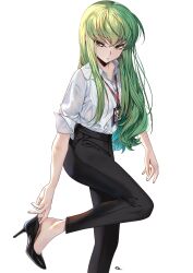 1girl artist_logo black_pants blouse budgiepon c.c. code_geass female_focus green_hair high_heels highres lanyard logo long_hair name_tag office_lady pants putting_on_footwear shirt simple_background white_background yellow_eyes