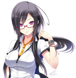 Rule 34 | 1girl, black hair, bracelet, breasts, glasses, highres, jewelry, large breasts, long hair, necktie, original, pixiv sample, purple eyes, red-framed glasses, resized, signature, simple background, solo, tel-o, upper body