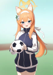 Rule 34 | 1girl, :d, absurdres, animal ear fluff, animal ears, ball, blue archive, blue eyes, blurry, bow, cat ears, cat girl, commentary request, depth of field, flower, hair between eyes, hair bow, hair flower, hair ornament, hair ribbon, hairband, halo, highres, holding, holding ball, long hair, long sleeves, looking at viewer, low ponytail, mari (blue archive), mari (track) (blue archive), mogurii, official alternate costume, open mouth, orange hair, outdoors, ribbon, sidelocks, smile, soccer ball, solo