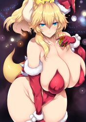Rule 34 | 1girl, absurdres, blonde hair, blue eyes, bowsette, breasts, christmas, cleavage, covered erect nipples, elbow gloves, gift, gloves, hair between eyes, hand on own chest, hat, highres, holding, holding gift, horns, huge breasts, large breasts, leotard, mario (series), new super mario bros. u deluxe, nintendo, ponytail, red leotard, santa hat, smile, solo, standing, tail, thighhighs, tsukasawa takamatsu