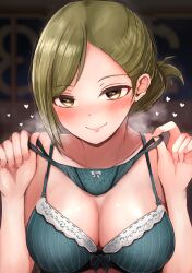 Rule 34 | 1girl, absurdres, bare shoulders, blurry, blush, bow, bow bra, bow panties, bra, breasts, breath, cleavage, closed mouth, collarbone, commentary request, depth of field, folded ponytail, green bra, green eyes, green hair, green panties, heart, heart print, highres, holding, holding clothes, holding panties, holding underwear, idolmaster, idolmaster shiny colors, lace, lace-trimmed bra, lace-trimmed panties, lace trim, large breasts, lingerie, looking at viewer, mebunryo (mebunryo2), nanakusa hazuki, night, nose blush, office, panties, revision, smile, solo, underwear, upper body