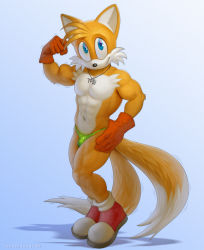 Rule 34 | 1boy, :t, abs, animal ears, animal nose, arm up, artist name, biceps, blonde hair, blue background, blue eyes, body fur, briefs, bulge, clenched hand, closed mouth, flexing, fox boy, fox ears, fox tail, full body, furry, furry male, gloves, gradient background, green male underwear, hand on own hip, happy, highres, jewelry, looking up, male focus, male underwear, multiple tails, muscular, muscular male, navel, necklace, pectorals, red footwear, red gloves, shoes, short hair, simple background, smile, socks, solo, sonic (series), standing, stomach, tail, tails (sonic), totesfleisch8, trembling, two-tone fur, two tails, underwear, watermark, white fur, white socks, yellow fur