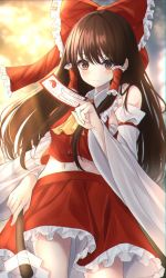 Rule 34 | 1girl, 7saki, amulet, bad id, bad twitter id, bare shoulders, blush, bow, breasts, brown eyes, brown hair, closed mouth, collar, detached sleeves, forest, frills, gohei, hair tubes, hakurei reimu, hand up, highres, light, long hair, long sleeves, medium breasts, nature, red bow, red shirt, red skirt, shadow, shirt, skirt, solo, sunlight, touhou, tree, white sleeves, wide sleeves, yellow background, yellow neckwear