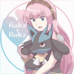 Rule 34 | 00s, 1girl, :d, artist request, blue eyes, closed mouth, creatures (company), crossed arms, crossover, game freak, gen 4 pokemon, headphones, long hair, lucario, megurine luka, nail polish, nintendo, one eye closed, open mouth, pink hair, pokemon, pokemon (creature), pokemon dppt, red eyes, smile, upper body, vocaloid, wince