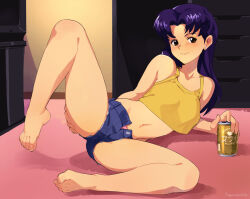 Rule 34 | 1girl, ass grab, bare legs, bare shoulders, barefoot, beer can, blush, breasts, brown eyes, can, closed mouth, collarbone, crop top, drink can, earrings, feet, foot focus, full body, indoors, jewelry, katsuragi misato, leg up, long hair, looking at viewer, lying, medium breasts, navel, neon genesis evangelion, on floor, on side, open fly, purple hair, short shorts, shorts, sleeveless, smile, solo, spread legs, squeezable (squeezabledraws), stud earrings, television, unbuttoned