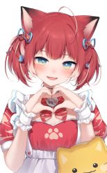 Rule 34 | 1girl, :d, ahoge, akami karubi, amashiro natsuki, animal ear fluff, animal ears, apron, blue eyes, cat ears, commentary, dress, eyebrows hidden by hair, fangs, hands up, heart, heart hands, highres, indie virtual youtuber, looking at viewer, multicolored hair, open mouth, puffy short sleeves, puffy sleeves, red dress, red hair, short sleeves, simple background, smile, solo, streaked hair, twintails, upper body, virtual youtuber, white apron, white background, wrist cuffs