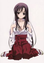 Rule 34 | 1girl, absurdres, black hair, blush, brown eyes, hair down, hakama, hakama skirt, highres, japanese clothes, katsura kotonoha, kneeling, long hair, looking at viewer, miko, official art, open clothes, scan, school days, simple background, sitting, skirt, smile, solo, straight hair, tabi, traditional clothes, wariza