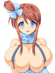 Rule 34 | 10s, 1girl, bad id, bad pixiv id, bare shoulders, blue eyes, blush, breasts, breasts squeezed together, brown hair, bursting breasts, creatures (company), game freak, gym leader, huge breasts, long hair, naru (kuma), nintendo, nipples, pokemon, pokemon bw, red hair, simple background, skindentation, skyla (pokemon), slingshot swimsuit, smile, solo, swimsuit, undersized clothes, white background