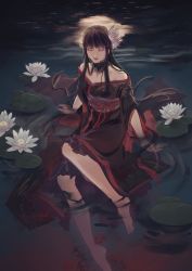 Rule 34 | 1girl, absurdres, bare shoulders, barefoot, black collar, black hair, black kimono, blunt bangs, blunt ends, collar, collarbone, dabaizhouyi, final fantasy, final fantasy xiv, flower, from above, hair flower, hair ornament, highres, hyur, japanese clothes, kimono, lily pad, long hair, looking down, moon, moon reflection, night, obi, obiage, obijime, off shoulder, outdoors, partially submerged, red lips, reflection, sash, sidelocks, sitting, soaking feet, solo, spider lily, square enix, straight hair, water, white eyes, wide sleeves, yotsuyu goe brutus