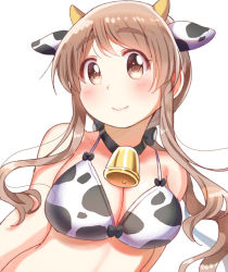 Rule 34 | 1girl, animal ears, animal print, bare arms, bare shoulders, bell, bikini, black collar, blush, breasts, brown eyes, brown hair, chinese zodiac, cleavage, closed mouth, collar, commentary request, cow ears, cow horns, cow print, cowbell, fake animal ears, fake horns, floating hair, happy, horns, large breasts, long hair, looking at viewer, matsumoto yoriko, neck bell, print bikini, simple background, smile, solo, swimsuit, tatsunokosso, thick eyebrows, upper body, white background, year of the ox, yuyushiki