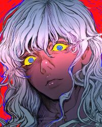 Rule 34 | 1boy, berserk, blue eyes, close-up, closed mouth, colored sclera, distortion, eyelashes, feet out of frame, griffith (berserk), long hair, looking at viewer, nisino2222, nose, red background, ringed eyes, simple background, smile, solo, white hair, yellow sclera