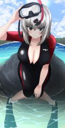 Rule 34 | 1girl, :o, absurdres, aikir (jml5160), beach, black eyes, blue sky, blush, bodysuit, breasts, chestnut mouth, cleavage, cloud, commission, diving mask, diving mask removed, diving suit, fins, girls und panzer, goggles, grey hair, hair between eyes, hand on own knee, highres, holding, holding mask, itsumi erika, large breasts, mask, open mouth, pixiv commission, rock, scuba, sitting, sky, snorkel, solo, water, wet, wetsuit