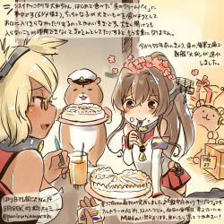 Rule 34 | 10s, 2girls, admiral (kancolle), animal, bare shoulders, black legwear, blonde hair, brown eyes, brown hair, cake, commentary request, cup, dated, detached sleeves, drinking glass, eating, flower, food, food on face, fork, glasses, hair flower, hair ornament, hamster, headgear, juice, kantai collection, kirisawa juuzou, long hair, multiple girls, musashi (kancolle), non-human admiral (kancolle), petals, pleated skirt, ponytail, red skirt, short hair, skirt, smile, traditional media, translation request, twitter username, utensil in mouth, yamato (kancolle), aged down