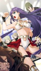 Rule 34 | 2girls, 4boys, :o, achilles (fate), bare arms, belt, black wristband, blonde hair, blue eyes, breasts, chiron (fate), clenched hand, clothing cutout, cowboy shot, craft essence (fate), earrings, fate/grand order, fate (series), georgios (fate), green hair, hand on own hip, hino hinako, holy maiden&#039;s teaching, hoop earrings, jewelry, large breasts, long hair, looking away, martha (fate), midriff, multiple boys, multiple girls, navel, navel cutout, official art, purple hair, quetzalcoatl (fate), raised fist, shouting, star (symbol), sweat, thigh strap, waist cape, wristband, yan qing (fate)
