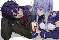 Rule 34 | 1boy, 1girl, 86 -eightysix-, blue jacket, blush, closed mouth, grey eyes, high collar, highres, holding, holding pencil, jacket, leaning on table, looking at another, m m pb, military, military jacket, military uniform, necktie, pencil, red eyes, red necktie, scar, scar on neck, shinei nouzen, uniform, vladilena millize, white background