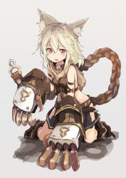 Rule 34 | 10s, 1girl, animal ears, arm strap, blonde hair, boots, braid, center opening, claw (weapon), claw pose, collar, elbow gloves, erune, eyebrows, fang, flipped hair, full body, gloves, granblue fantasy, grey background, hair between eyes, highres, hip vent, hizakozouzu, hood, huge weapon, kneeling, long hair, looking at viewer, midriff, miniskirt, open mouth, pleated skirt, red eyes, sen (granblue fantasy), shadow, single braid, skirt, solo, weapon
