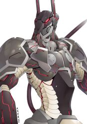 Rule 34 | anubis (z.o.e.), azu (yu de ta ya tu), cable, glowing, glowing eyes, highres, looking to the side, mecha, no humans, orbital frame (zone of the enders), red eyes, robot, solo, twitter username, upper body, white background, zone of the enders