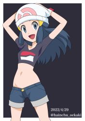 Rule 34 | 1girl, :d, alternate costume, arms up, beanie, black shirt, commentary request, creatures (company), dated, dawn (pokemon), game freak, grey eyes, hainchu, hair ornament, hairclip, hands on own head, hat, highres, long hair, midriff, navel, nintendo, open mouth, poke ball print, pokemon, pokemon (anime), pokemon dppt (anime), shirt, short sleeves, shorts, smile, solo, tongue, twitter username, white hat