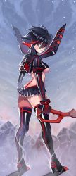 Rule 34 | 10s, 1girl, arutera, ass, bad id, bad pixiv id, blue eyes, boots, breasts, high heel boots, high heels, highres, kill la kill, living clothes, looking back, matoi ryuuko, multicolored hair, revealing clothes, senketsu, short hair, solo, standing, sword, thigh boots, thighhighs, two-tone hair, underboob, weapon