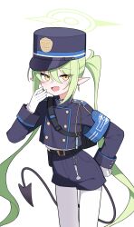 Rule 34 | 1girl, absurdres, belt, black belt, black hat, black shirt, black shorts, black tail, blue archive, blush, cowboy shot, demon tail, earrings, fang, green hair, green halo, hair between eyes, halo, hat, nozomi (blue archive), highres, jewelry, long hair, long sleeves, looking at viewer, nord (expc4752), open mouth, pantyhose, peaked cap, shirt, shorts, simple background, single earring, skin fang, smile, solo, tail, twintails, white background, white pantyhose, yellow eyes