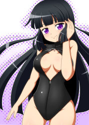 Rule 34 | 1girl, black hair, breasts, cleavage, front zipper swimsuit, highres, large breasts, long hair, meme attire, mole, one-piece swimsuit, purple eyes, sister quest, smile, swimsuit, takappe, tateha (sister quest)
