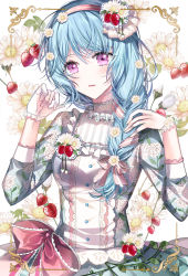 Rule 34 | 1girl, alternate hairstyle, bang dream!, blue dress, blue hair, bow, braid, dress, floral background, floral print, flower, food, frilled shirt collar, frills, fruit, gloves, hair flower, hair ornament, hair over shoulder, hair ribbon, hairband, hands up, lolita fashion, long hair, long sleeves, looking at viewer, matsubara kanon, nennen, parted lips, pink bow, pink ribbon, plant, print dress, purple eyes, ribbon, single braid, solo, strawberry, striped ribbon, upper body, vines, white flower, white gloves