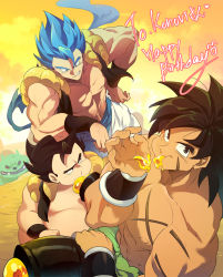 Rule 34 | 3boys, abs, bara, bare pectorals, bare shoulders, belly, blue hair, broly (dragon ball super), dragon ball, dragon ball super, dragon ball super broly, dragonball z, eating, english text, fat, fat man, fusion, gogeta, hand on own hip, happy birthday, honey, large pectorals, long hair, male focus, multiple boys, muscular, nipples, ommmyoh, pectorals, scar, scar on chest, sleeveless, smirk, spiked hair, super saiyan, super saiyan blue, topless male, veku