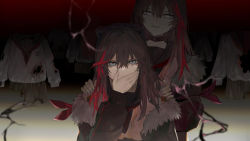 Rule 34 | 1girl, arknights, blood, blood stain, brown hair, coat, dark persona, dual persona, empty eyes, fingernails, fur-trimmed coat, fur trim, hair between eyes, hand to own mouth, hands on another&#039;s shoulders, koio, multicolored hair, ptsd, school uniform, solo, spoilers, streaked hair, torn clothes, zima (arknights)