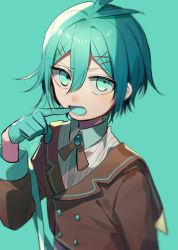 Rule 34 | 1boy, aqua background, aqua eyes, aqua hair, brown jacket, buttons, colored tongue, commentary, double-breasted, finger to mouth, gloves, green ribbon, green tongue, hair between eyes, hair ornament, hairclip, highres, huyuharu0214, jacket, long sleeves, looking at viewer, lower teeth only, male focus, neck ribbon, open mouth, original, ribbon, shirt, short hair, signature, simple background, solo, teeth, tongue, upper body, white shirt, wing collar, x hair ornament