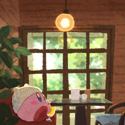 Rule 34 | beanie, ceiling light, chair, drink, drinking straw, hat, kirby, kirby (series), miclot, nintendo, no humans, plant, potted plant, restaurant, solo, table, white hat, window