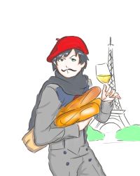 Rule 34 | 10s, 1boy, alternate costume, bag, baguette, beret, black hair, blue eyes, bread, brown bag, buck-therapist, bush, cup, darling in the franxx, drinking glass, eiffel tower, facial hair, food, glass, grey scarf, grocery bag, hat, highres, hiro (darling in the franxx), holding, holding cup, looking at viewer, male focus, military, military uniform, mustache, paper bag, red hat, scarf, shopping bag, short hair, solo, uniform, wine glass
