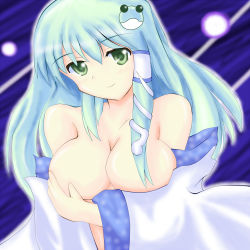 Rule 34 | 1girl, aqua hair, blue background, breast hold, breasts, censored, convenient censoring, covering privates, covering breasts, covering nipples, detached sleeves, female focus, frog, glowing, green eyes, green hair, hair censor, hair ornament, hair over breasts, hair tubes, kochiya sanae, large breasts, light particles, long hair, long sleeves, looking at viewer, matching hair/eyes, outline, polka dot, smile, snake, snake hair ornament, solo, touhou, tyokomona, upper body, wide sleeves