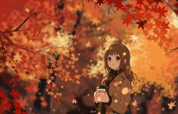 Rule 34 | 1girl, arisa (aren), artist name, autumn leaves, black sweater, blurry, blurry background, blush, branch, brown coat, brown eyes, brown hair, closed mouth, coat, coffee cup, commentary request, cup, dappled sunlight, disposable cup, drink, holding, holding drink, leaf, lens flare, light smile, long hair, long sleeves, looking at viewer, open clothes, open coat, orange theme, original, plant, ribbed sweater, shoulder strap, signature, solo, sunlight, sweater, tree, turtleneck, turtleneck sweater, under tree