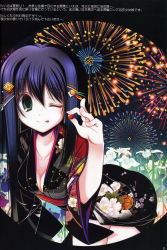 Rule 34 | 1girl, :p, ;p, absurdres, bent over, breasts, cleavage, collarbone, copyright request, fireworks, floral print, flower, green eyes, highres, holding, japanese clothes, kimono, long hair, one eye closed, purple hair, scan, solo, tenmu shinryuusai, tongue, tongue out, translation request