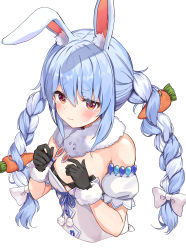 Rule 34 | 1girl, absurdres, animal ear fluff, animal ears, bare shoulders, black gloves, black leotard, blue hair, blush, bow, breasts, carrot hair ornament, closed mouth, commentary request, cropped torso, detached sleeves, don-chan (usada pekora), dress, food-themed hair ornament, fur-trimmed gloves, fur trim, gloves, hair between eyes, hair bow, hair ornament, hands up, highres, hololive, leotard, long hair, multicolored hair, puffy short sleeves, puffy sleeves, rabbit ears, racchi., red eyes, short eyebrows, short sleeves, simple background, small breasts, solo, strapless, strapless dress, strapless leotard, tears, thick eyebrows, twintails, two-tone hair, upper body, usada pekora, usada pekora (1st costume), very long hair, virtual youtuber, white background, white bow, white dress, white hair, white sleeves